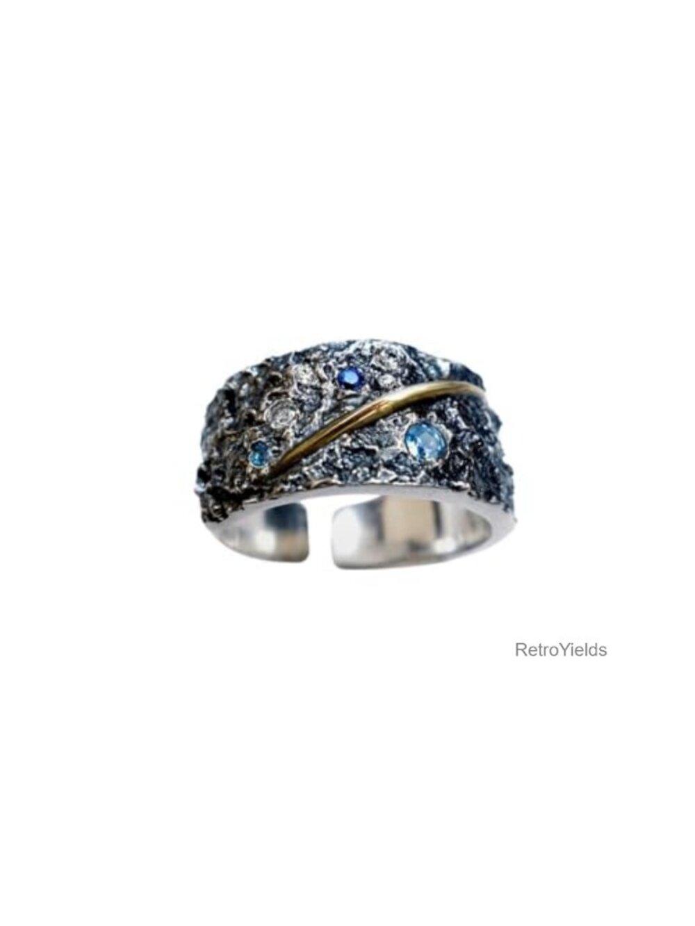 S925 Silver Meteorite Texture Ring with Blue Zircon & Gold Arc, Adjustable Open